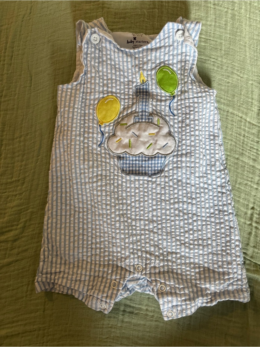 Baby Starters Blue and White First Birthday Seersucker Cupcake Romper